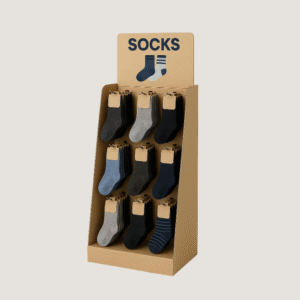 Custom corrugated sock display stand with hooks